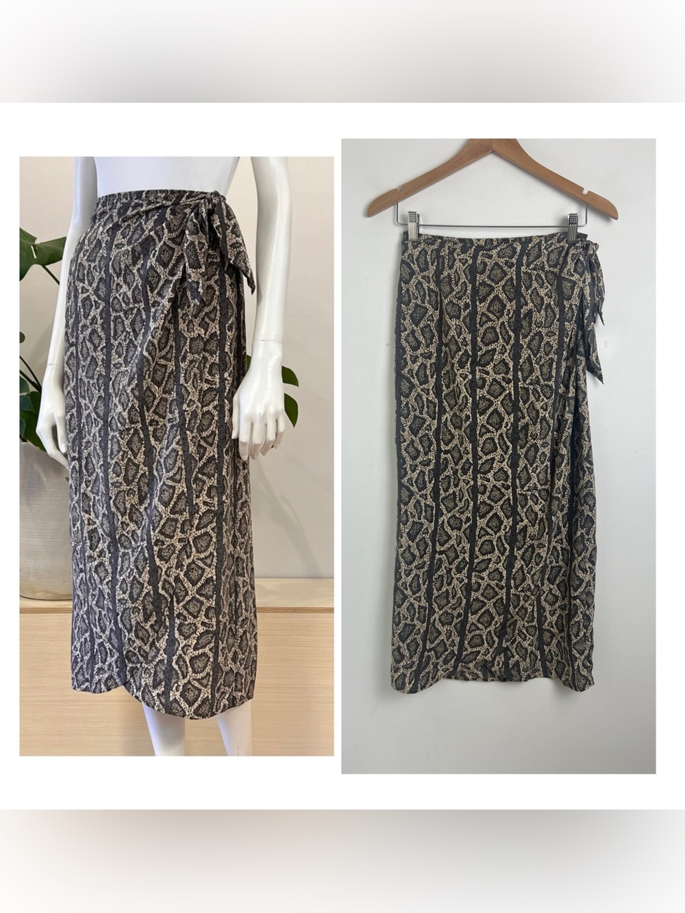 Vintage Gant Size 5/6 Black & Tan Snakeskin Print 100% Silk Wrap Midi Skirt